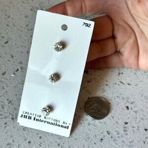 3 Vintage 80s NEW on card Silver Round Shank Buttons Rhinestone Crystal JHB